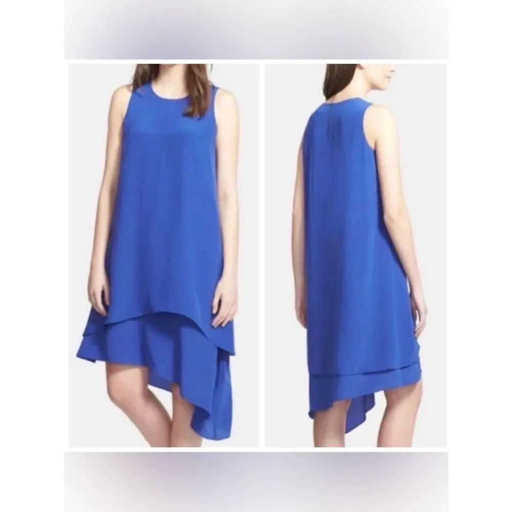 Eileen Fisher Layered Hem Silk Georgette Sleeveless Dress in Adriatic Blue SP